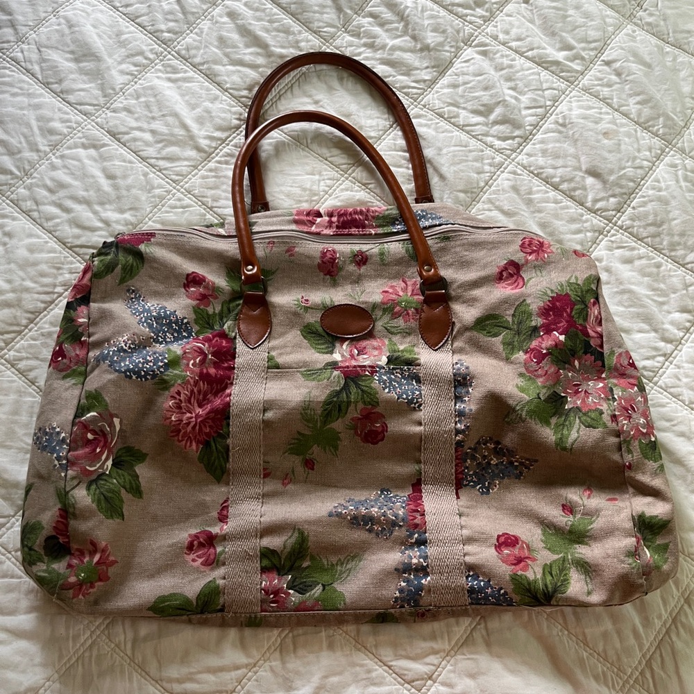 Vintage Gitano Floral Canvas Tote Bag with Faux Leather Handles